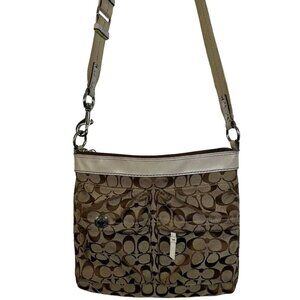 Coach Bag Brown & Tan Signature Crossbody Purse Canvas Leather Trim Monogram C